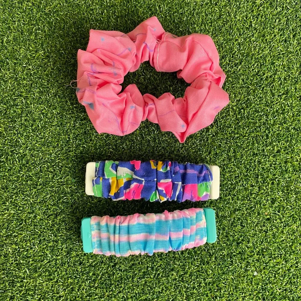 Vintage Lot Hair Scrunchie Fabric Covered Clips